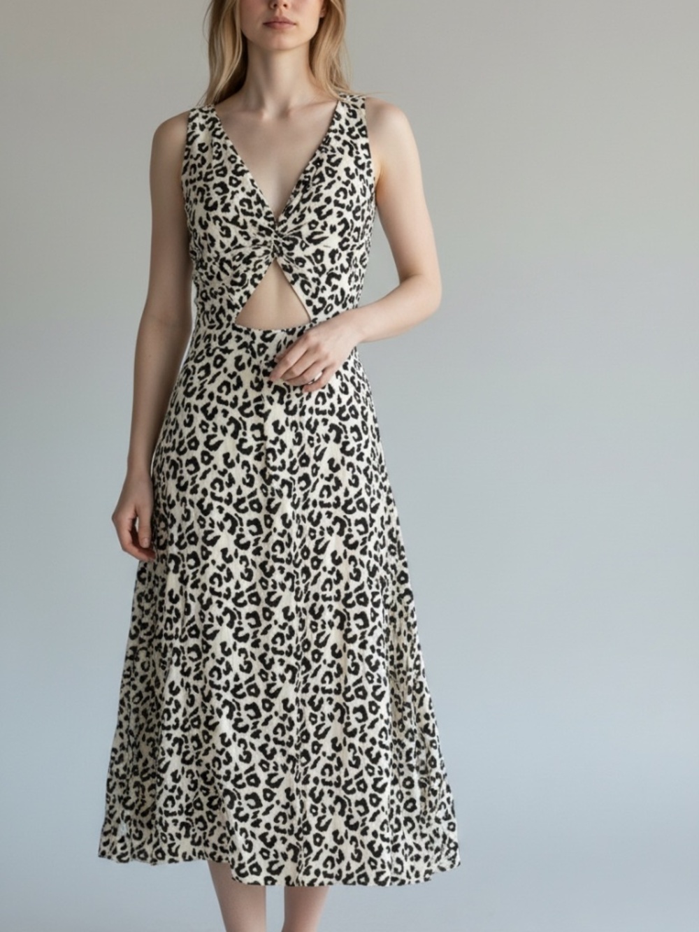 Leith Black White Leopard Print Cutout Midi Dress Medium